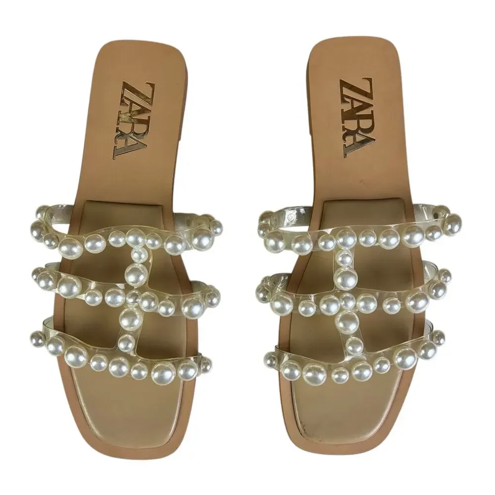 Zara Sandals Women Sz 40 (US 9) Clear Strap Pearl Embellished Coastal Slide Flat - Picture 9 of 9
